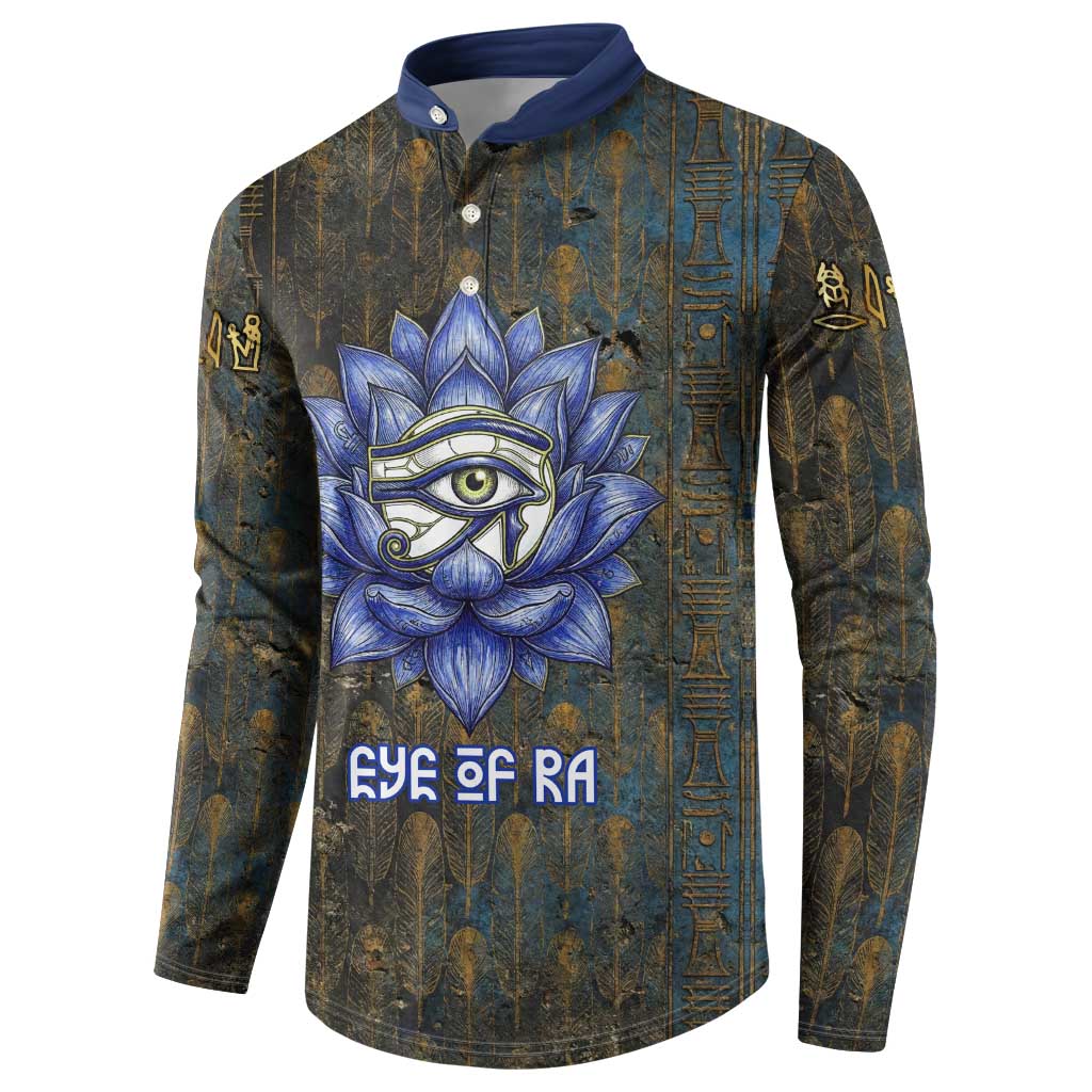 Khepri Ancient Egyptian Button Sweatshirt Dark Hieroglyphic, Blue Lotus Eye Symbol, and Winged Scarab Resurrection
