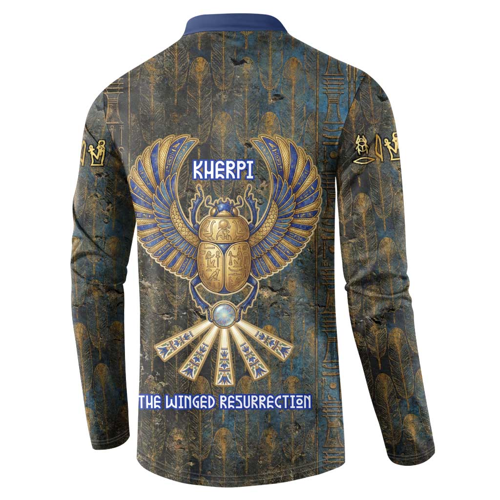 Khepri Ancient Egyptian Button Sweatshirt Dark Hieroglyphic, Blue Lotus Eye Symbol, and Winged Scarab Resurrection