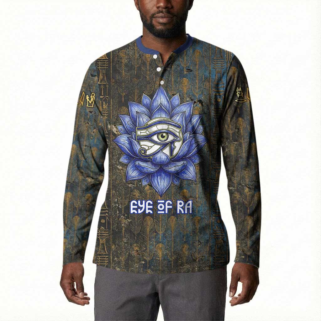 Khepri Ancient Egyptian Button Sweatshirt Dark Hieroglyphic, Blue Lotus Eye Symbol, and Winged Scarab Resurrection
