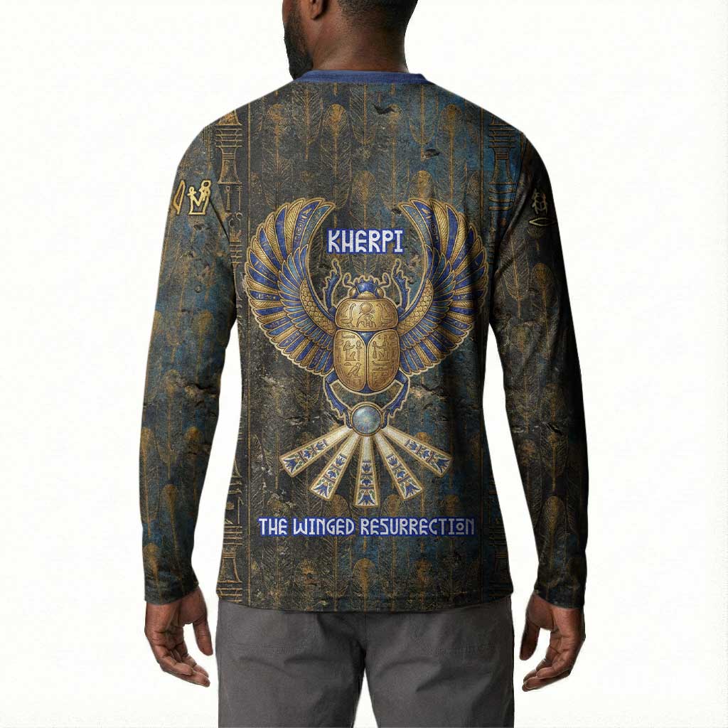 Khepri Ancient Egyptian Button Sweatshirt Dark Hieroglyphic, Blue Lotus Eye Symbol, and Winged Scarab Resurrection