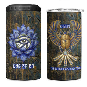 Khepri Ancient Egyptian 4 in 1 Can Cooler Tumbler Dark Hieroglyphic, Blue Lotus Eye Symbol, and Winged Scarab Resurrection - African Pride