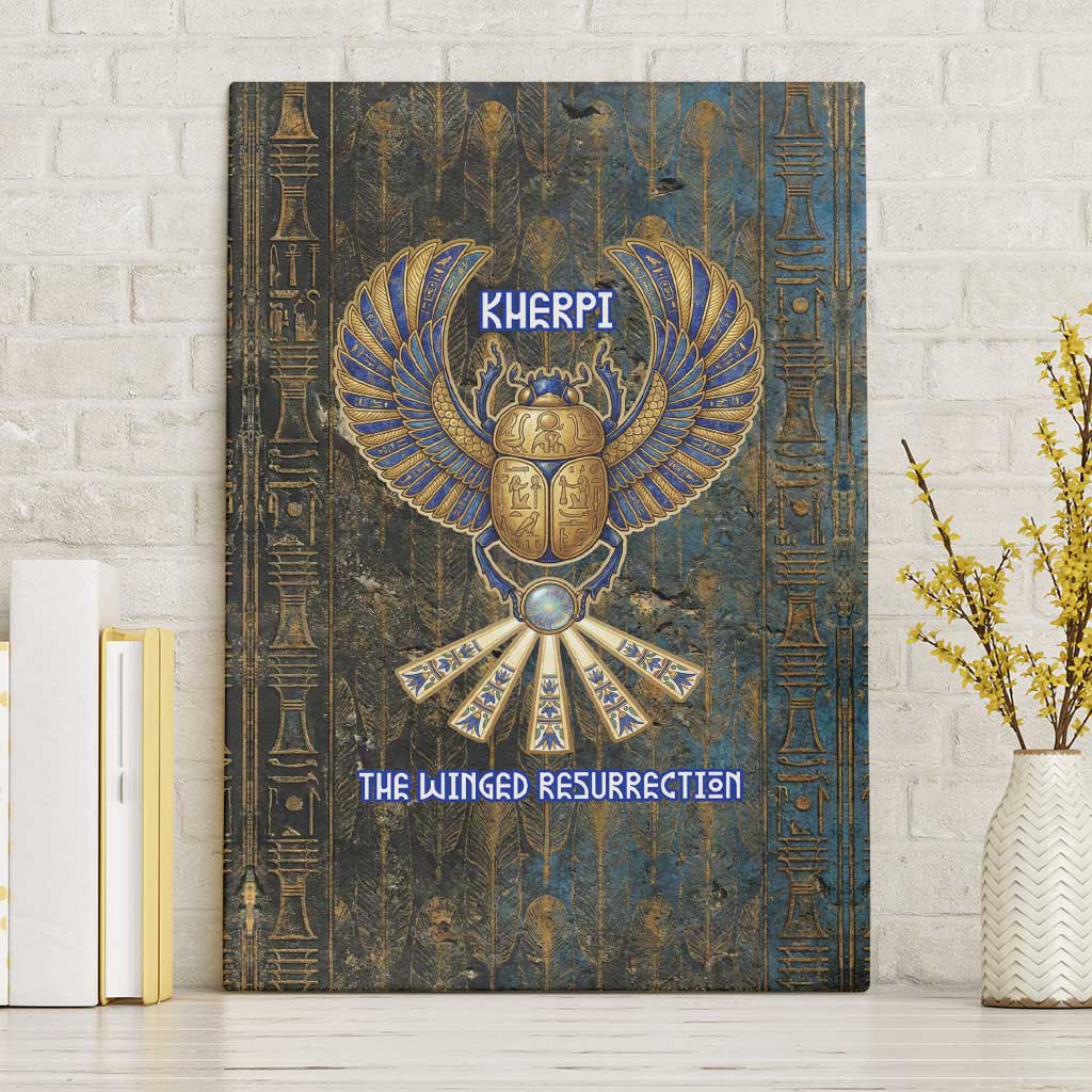 Khepri Ancient Egyptian Canvas Wall Art Dark Hieroglyphic, Blue Lotus Eye Symbol, and Winged Scarab Resurrection - African Pride