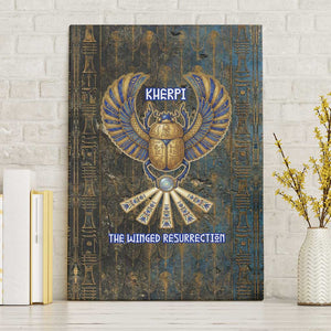Khepri Ancient Egyptian Canvas Wall Art Dark Hieroglyphic, Blue Lotus Eye Symbol, and Winged Scarab Resurrection - African Pride