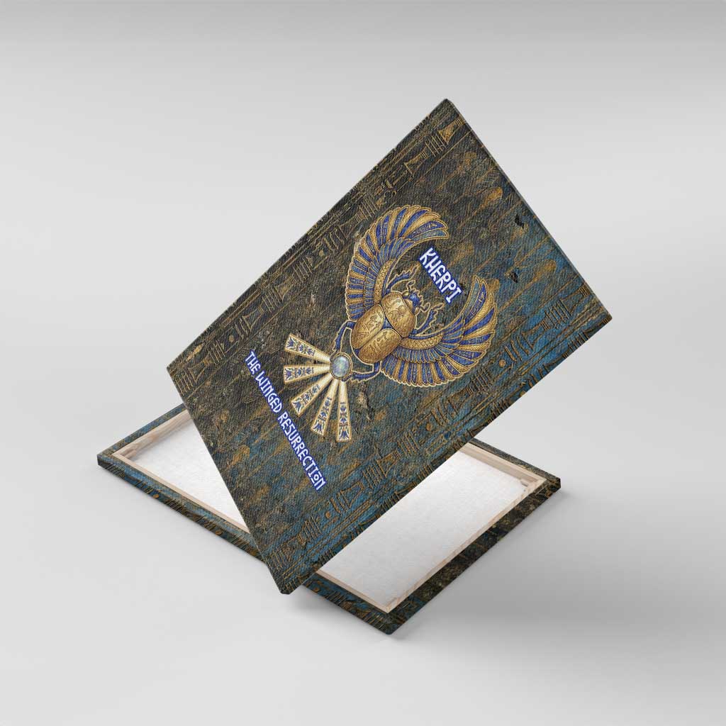 Khepri Ancient Egyptian Canvas Wall Art Dark Hieroglyphic, Blue Lotus Eye Symbol, and Winged Scarab Resurrection - African Pride