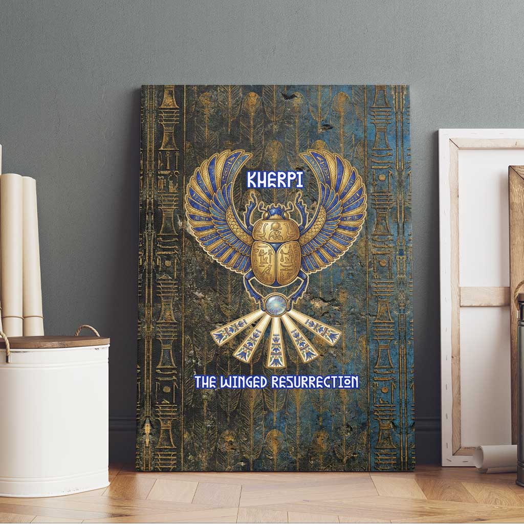 Khepri Ancient Egyptian Canvas Wall Art Dark Hieroglyphic, Blue Lotus Eye Symbol, and Winged Scarab Resurrection - African Pride