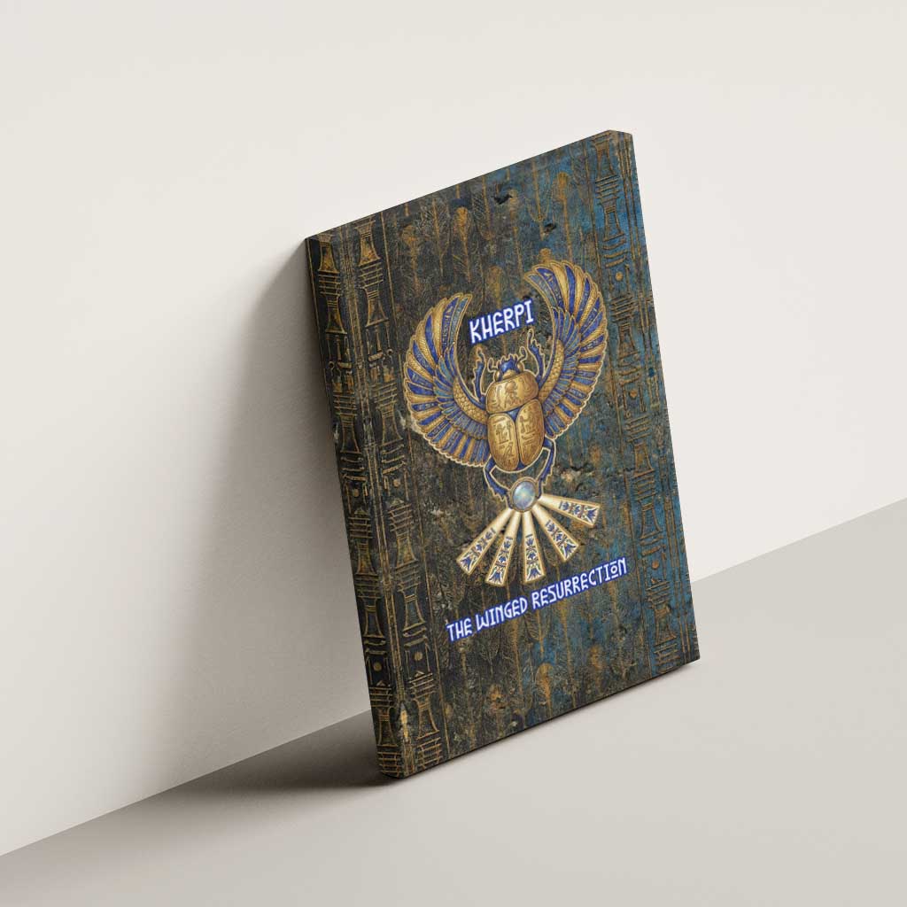 Khepri Ancient Egyptian Canvas Wall Art Dark Hieroglyphic, Blue Lotus Eye Symbol, and Winged Scarab Resurrection - African Pride