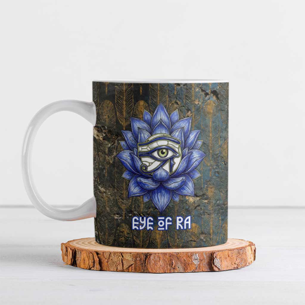 Khepri Ancient Egyptian Ceramic Mug Dark Hieroglyphic, Blue Lotus Eye Symbol, and Winged Scarab Resurrection - African Pride