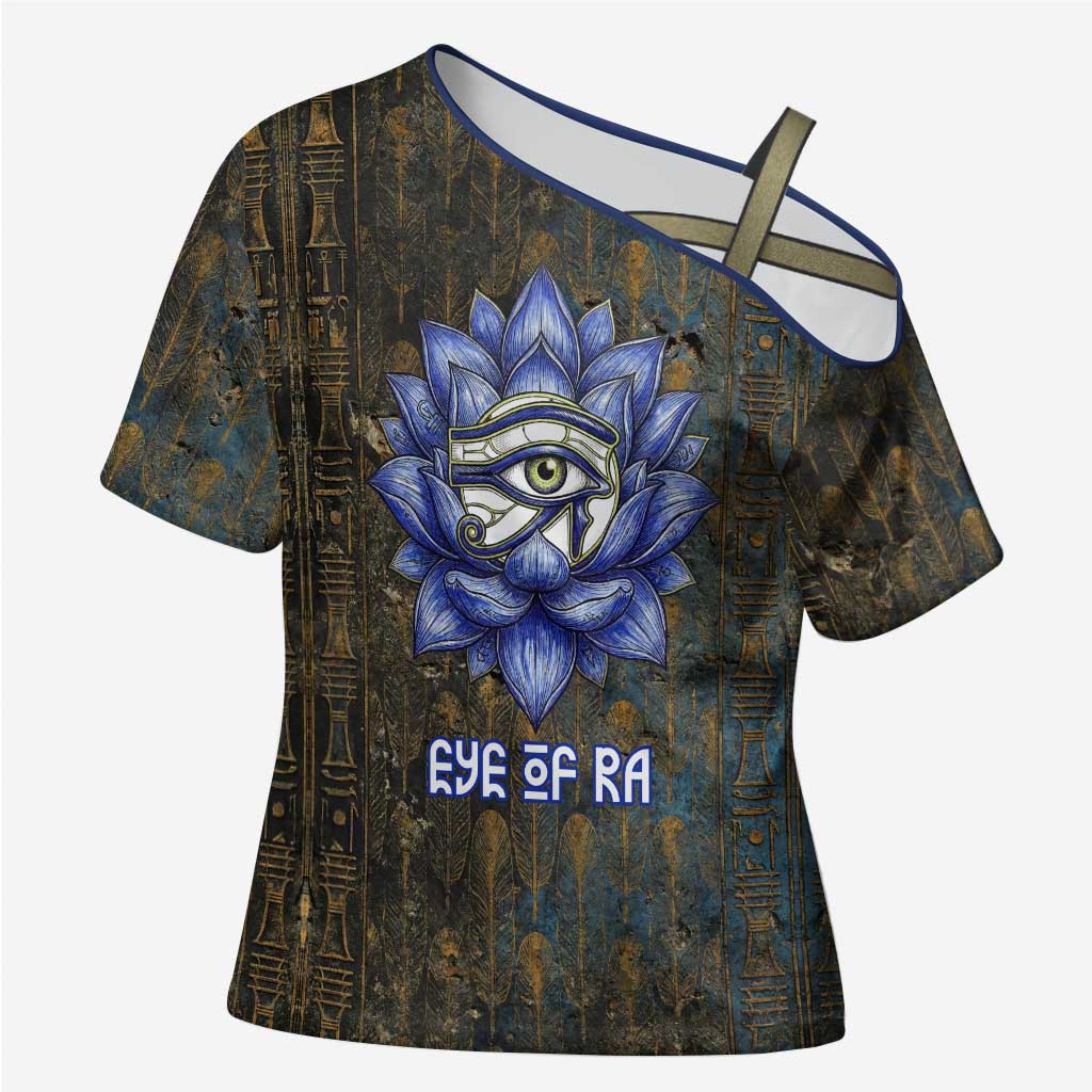 Khepri Ancient Egyptian Cross Shoulder Shirt Dark Hieroglyphic, Blue Lotus Eye Symbol, and Winged Scarab Resurrection - African Pride