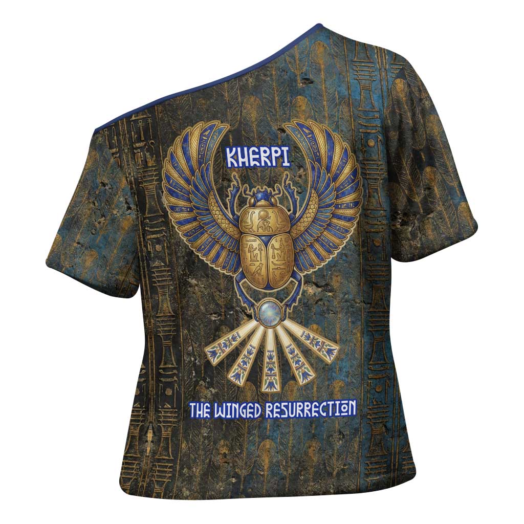 Khepri Ancient Egyptian Cross Shoulder Shirt Dark Hieroglyphic, Blue Lotus Eye Symbol, and Winged Scarab Resurrection - African Pride
