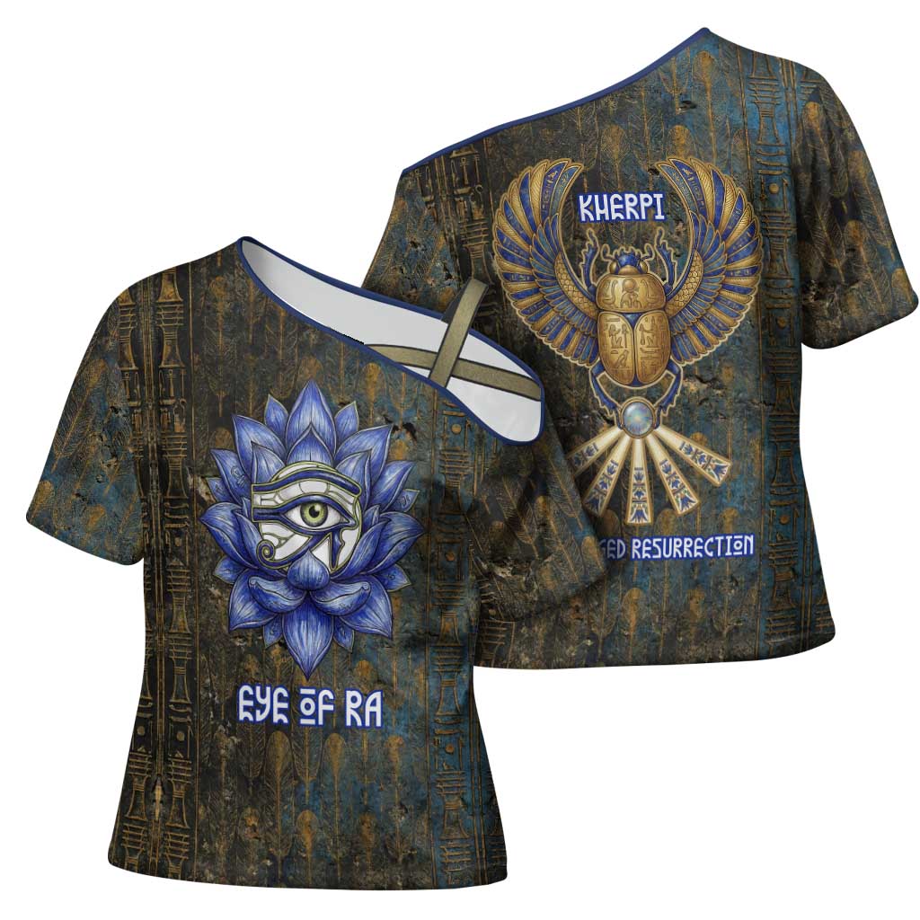 Khepri Ancient Egyptian Cross Shoulder Shirt Dark Hieroglyphic, Blue Lotus Eye Symbol, and Winged Scarab Resurrection - African Pride