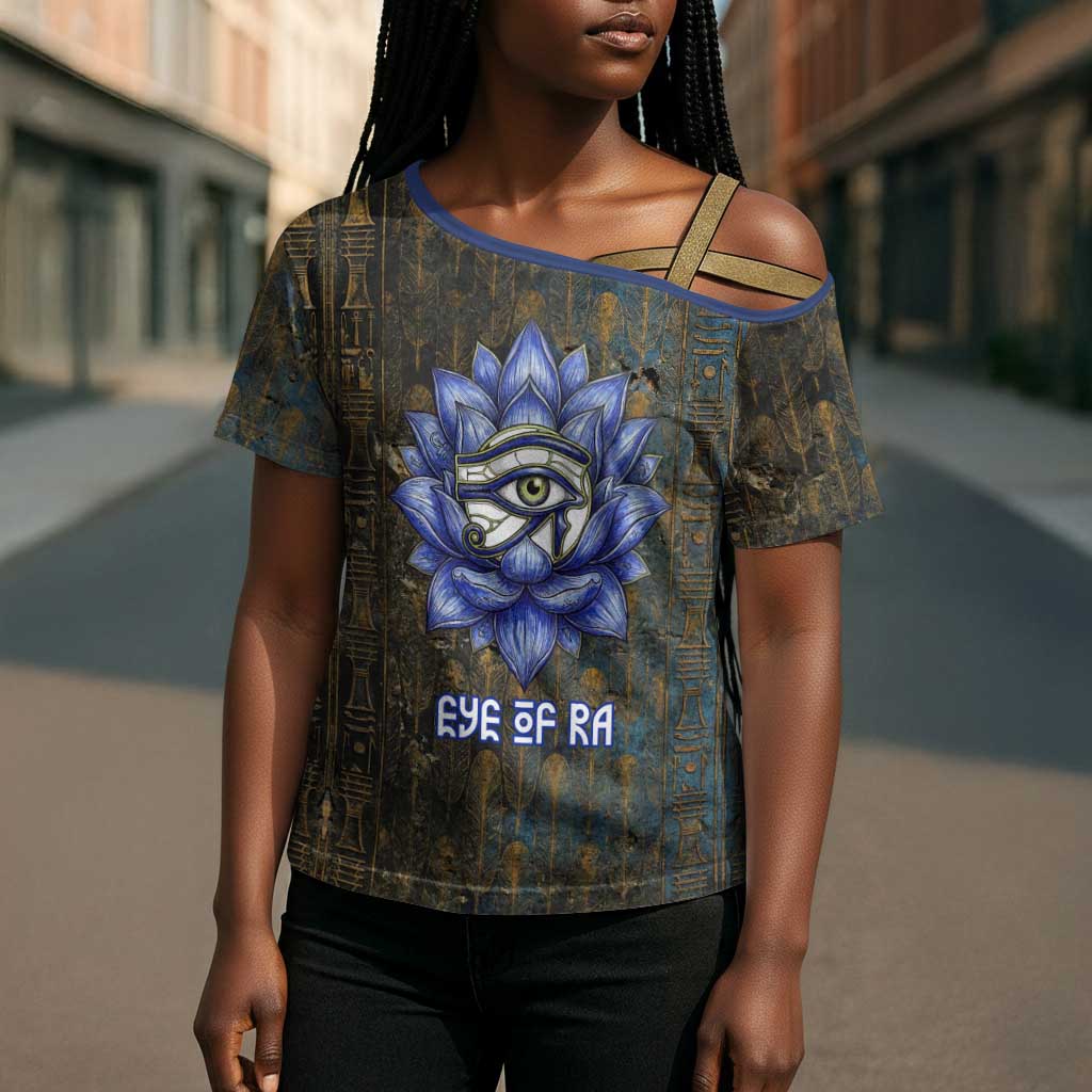 Khepri Ancient Egyptian Cross Shoulder Shirt Dark Hieroglyphic, Blue Lotus Eye Symbol, and Winged Scarab Resurrection - African Pride