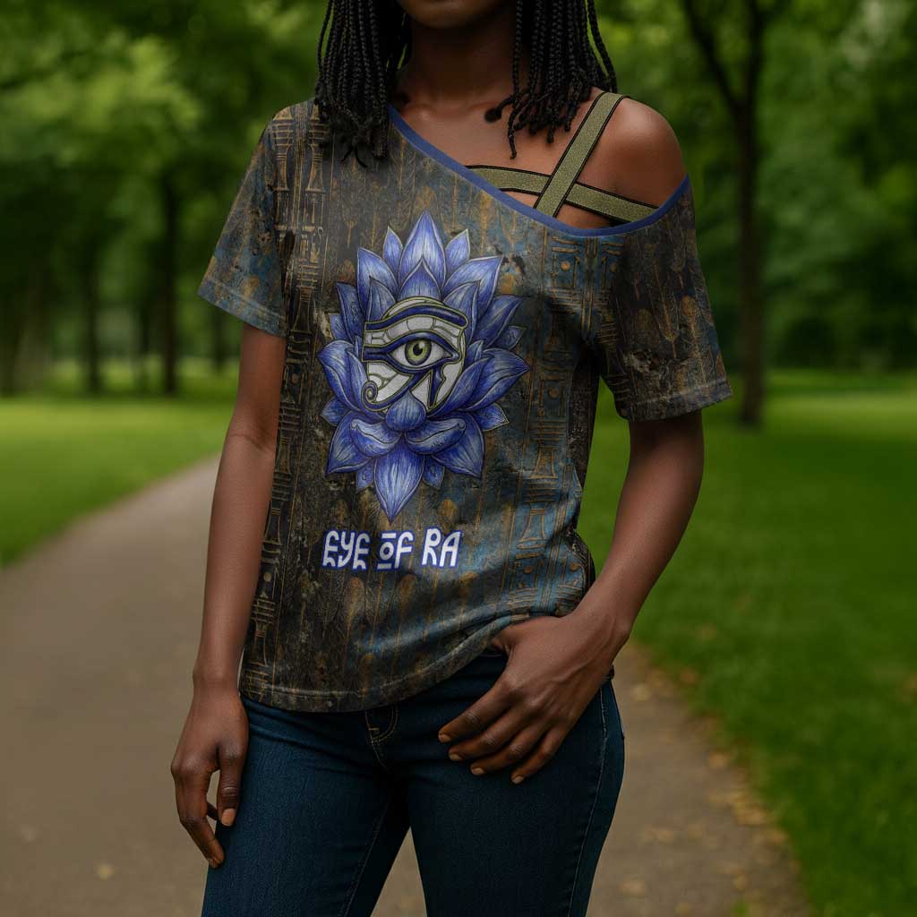 Khepri Ancient Egyptian Cross Shoulder Shirt Dark Hieroglyphic, Blue Lotus Eye Symbol, and Winged Scarab Resurrection - African Pride