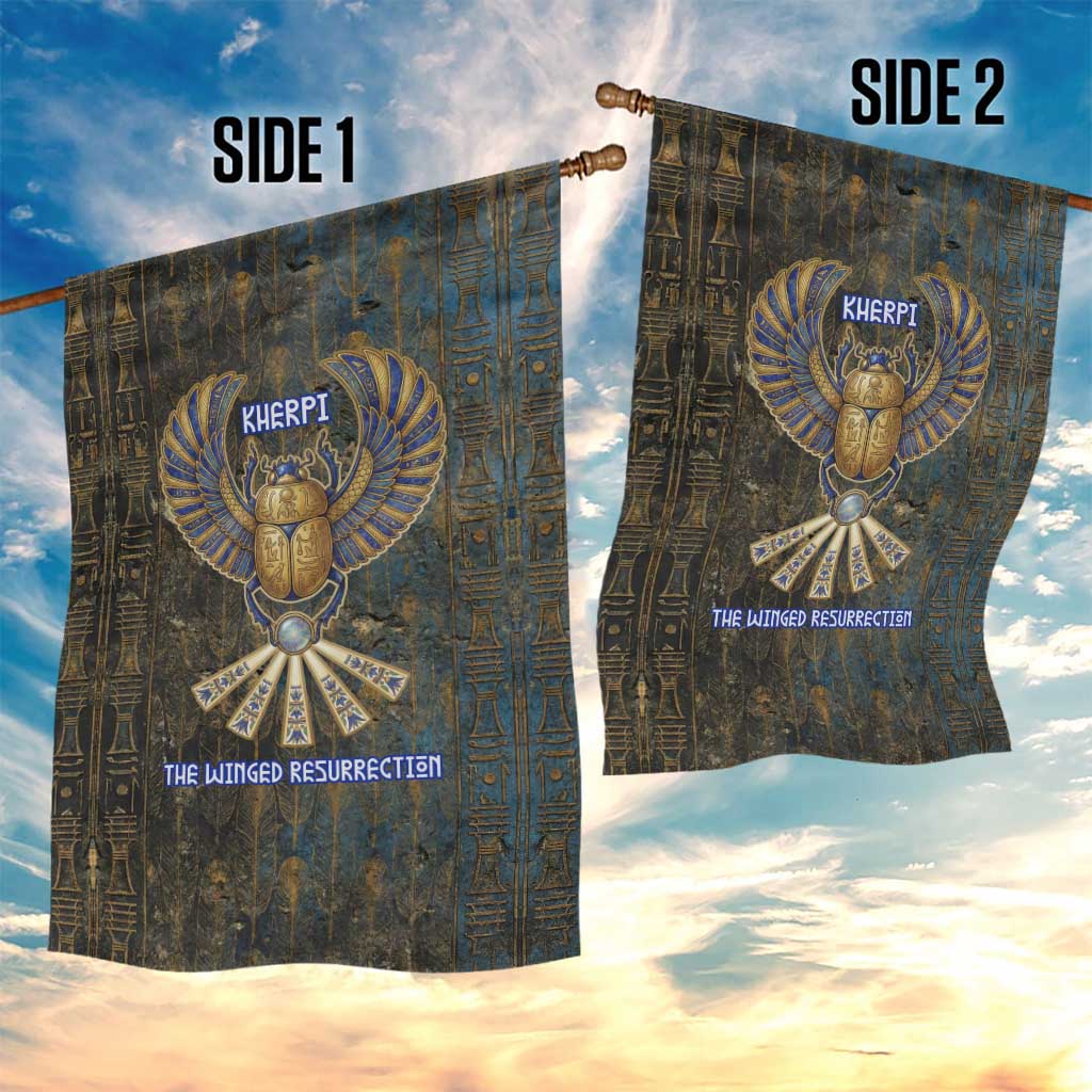 Khepri Ancient Egyptian Garden Flag Dark Hieroglyphic, Blue Lotus Eye Symbol, and Winged Scarab Resurrection - African Pride