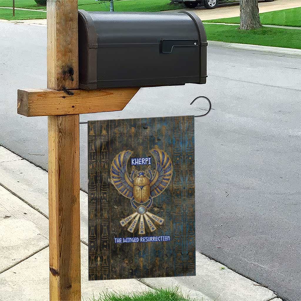 Khepri Ancient Egyptian Garden Flag Dark Hieroglyphic, Blue Lotus Eye Symbol, and Winged Scarab Resurrection - African Pride