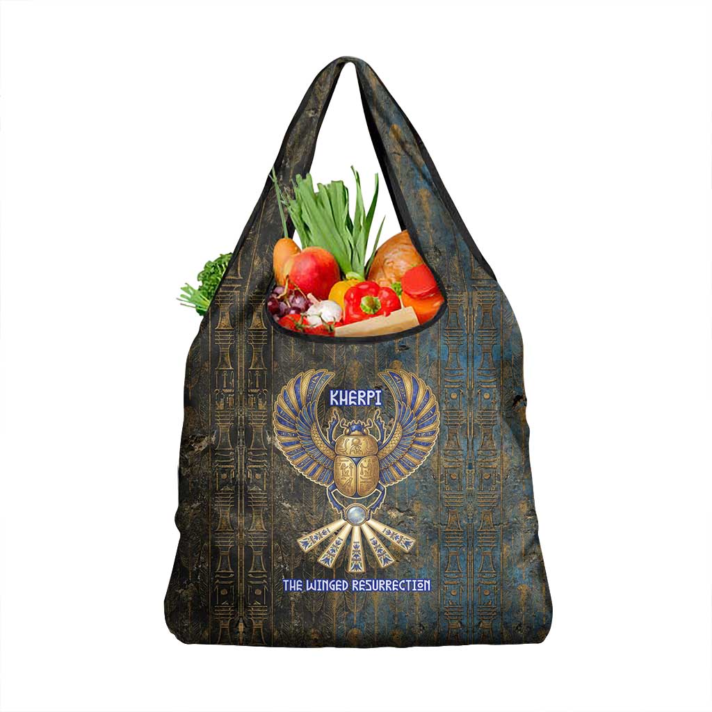 Khepri Ancient Egyptian Grocery Bag Dark Hieroglyphic, Blue Lotus Eye Symbol, and Winged Scarab Resurrection - African Pride