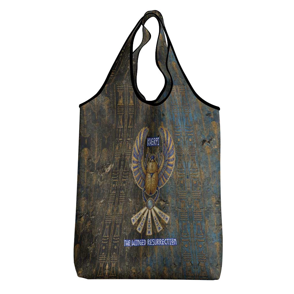 Khepri Ancient Egyptian Grocery Bag Dark Hieroglyphic, Blue Lotus Eye Symbol, and Winged Scarab Resurrection - African Pride