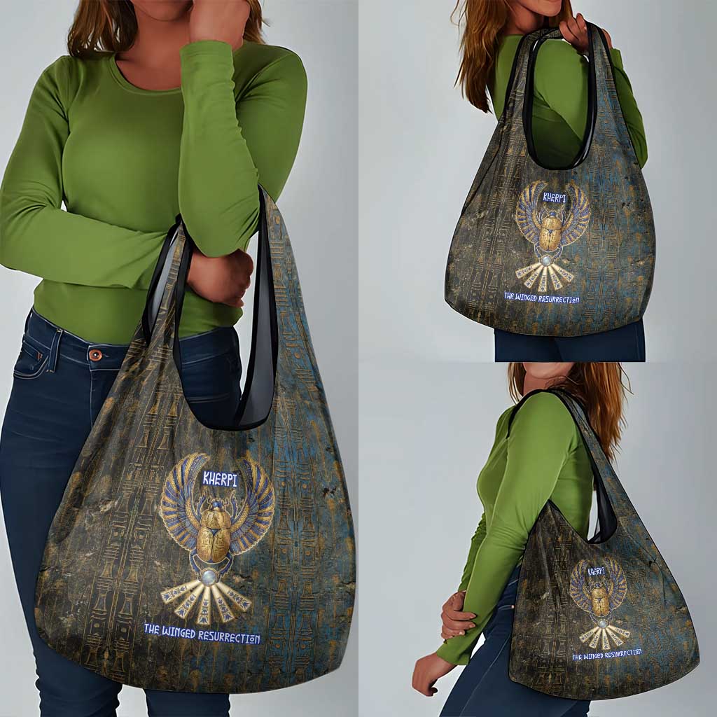 Khepri Ancient Egyptian Grocery Bag Dark Hieroglyphic, Blue Lotus Eye Symbol, and Winged Scarab Resurrection - African Pride