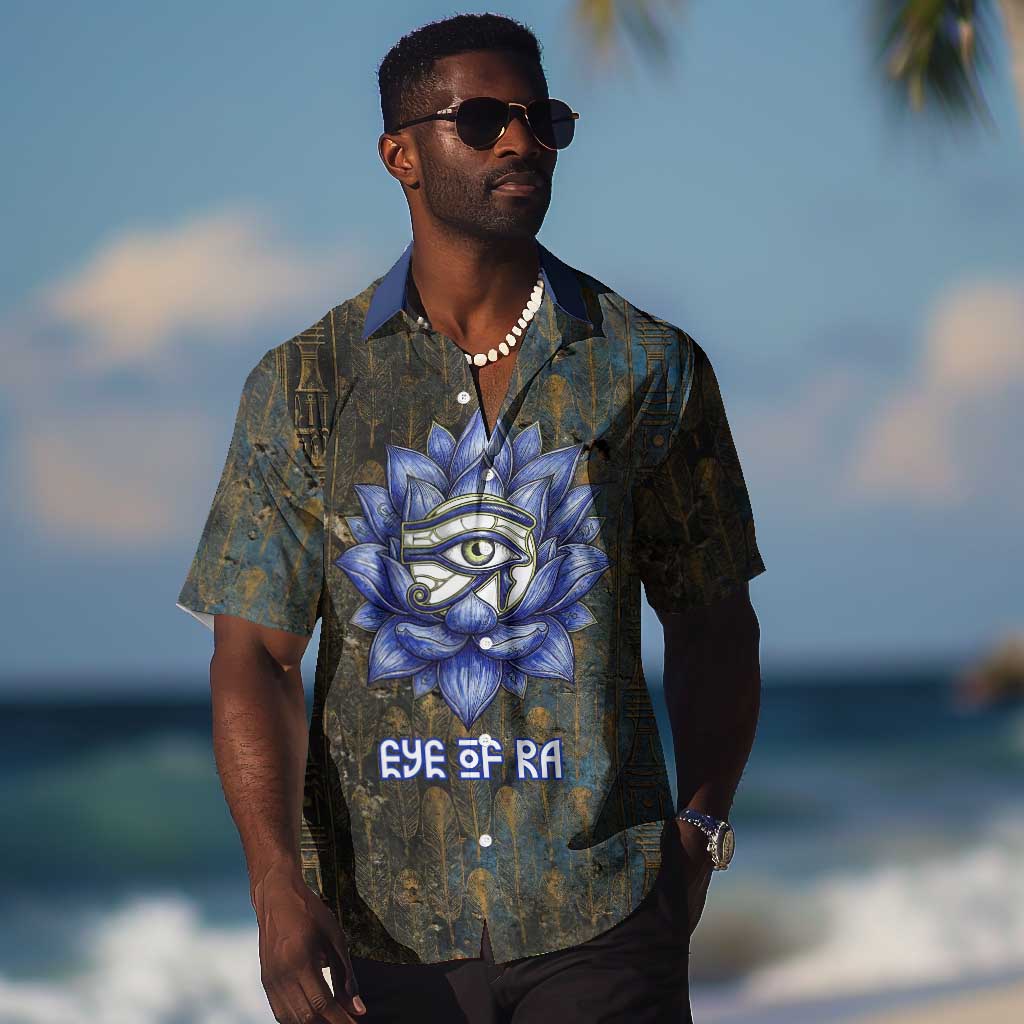 Khepri Ancient Egyptian Hawaiian Shirt Dark Hieroglyphic, Blue Lotus Eye Symbol, and Winged Scarab Resurrection - African Pride
