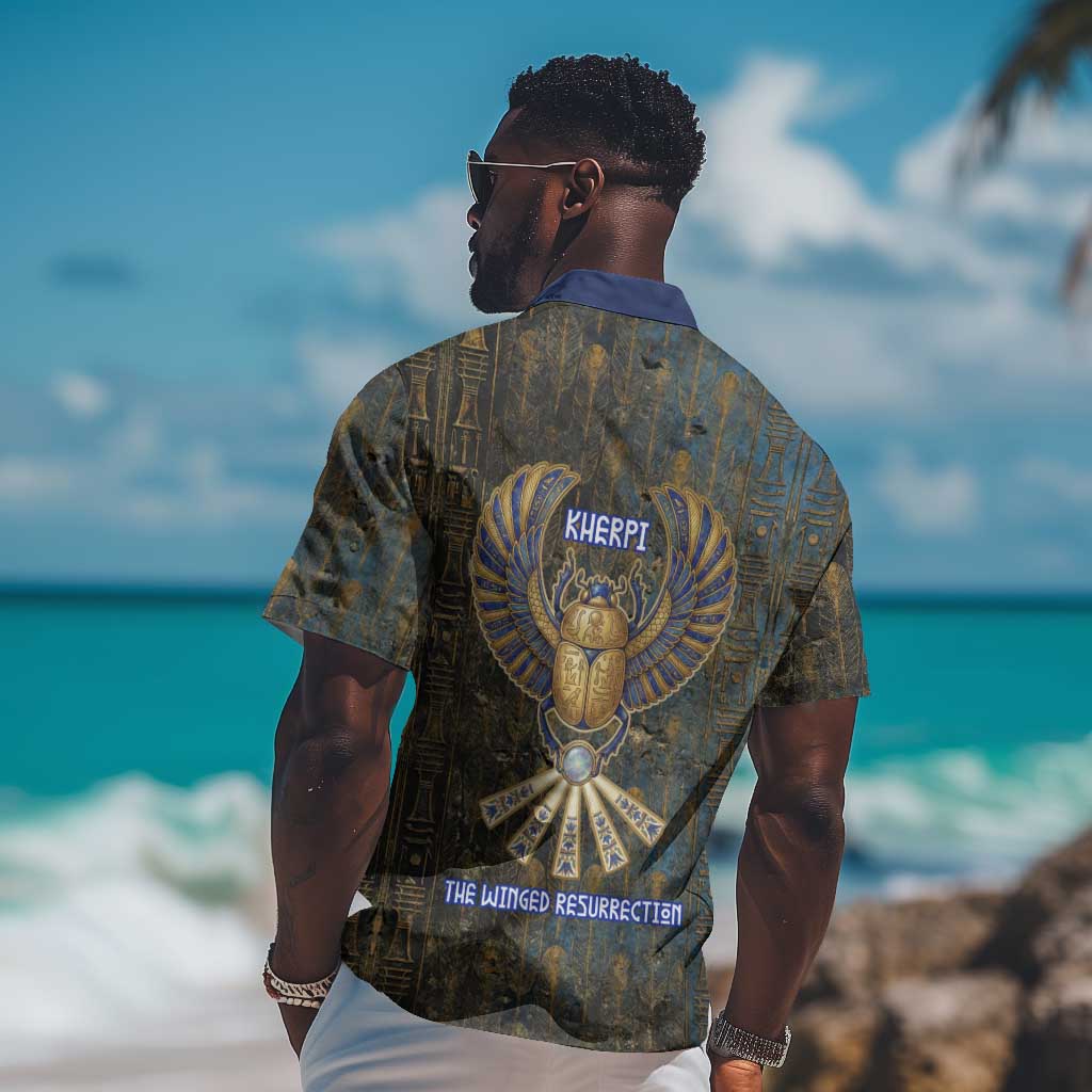 Khepri Ancient Egyptian Hawaiian Shirt Dark Hieroglyphic, Blue Lotus Eye Symbol, and Winged Scarab Resurrection - African Pride