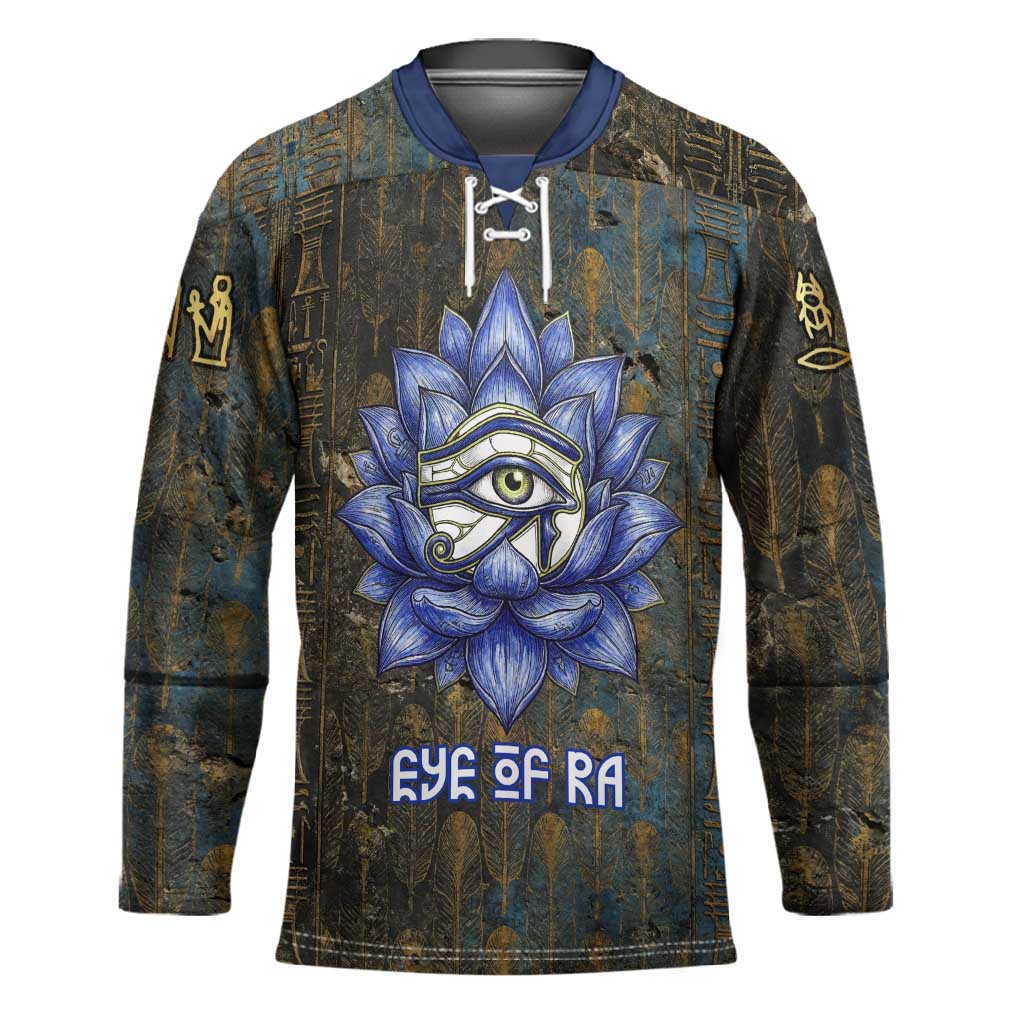 Khepri Ancient Egyptian Hockey Jersey Dark Hieroglyphic, Blue Lotus Eye Symbol, and Winged Scarab Resurrection - African Pride