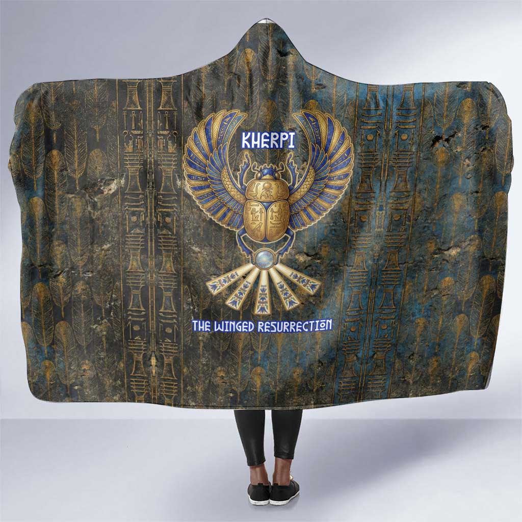 Khepri Ancient Egyptian Hooded Blanket Dark Hieroglyphic, Blue Lotus Eye Symbol, and Winged Scarab Resurrection - African Pride