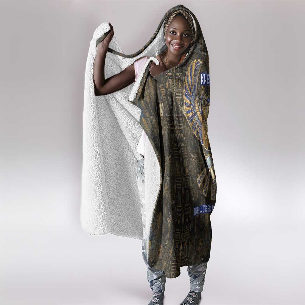 Khepri Ancient Egyptian Hooded Blanket Dark Hieroglyphic, Blue Lotus Eye Symbol, and Winged Scarab Resurrection - African Pride