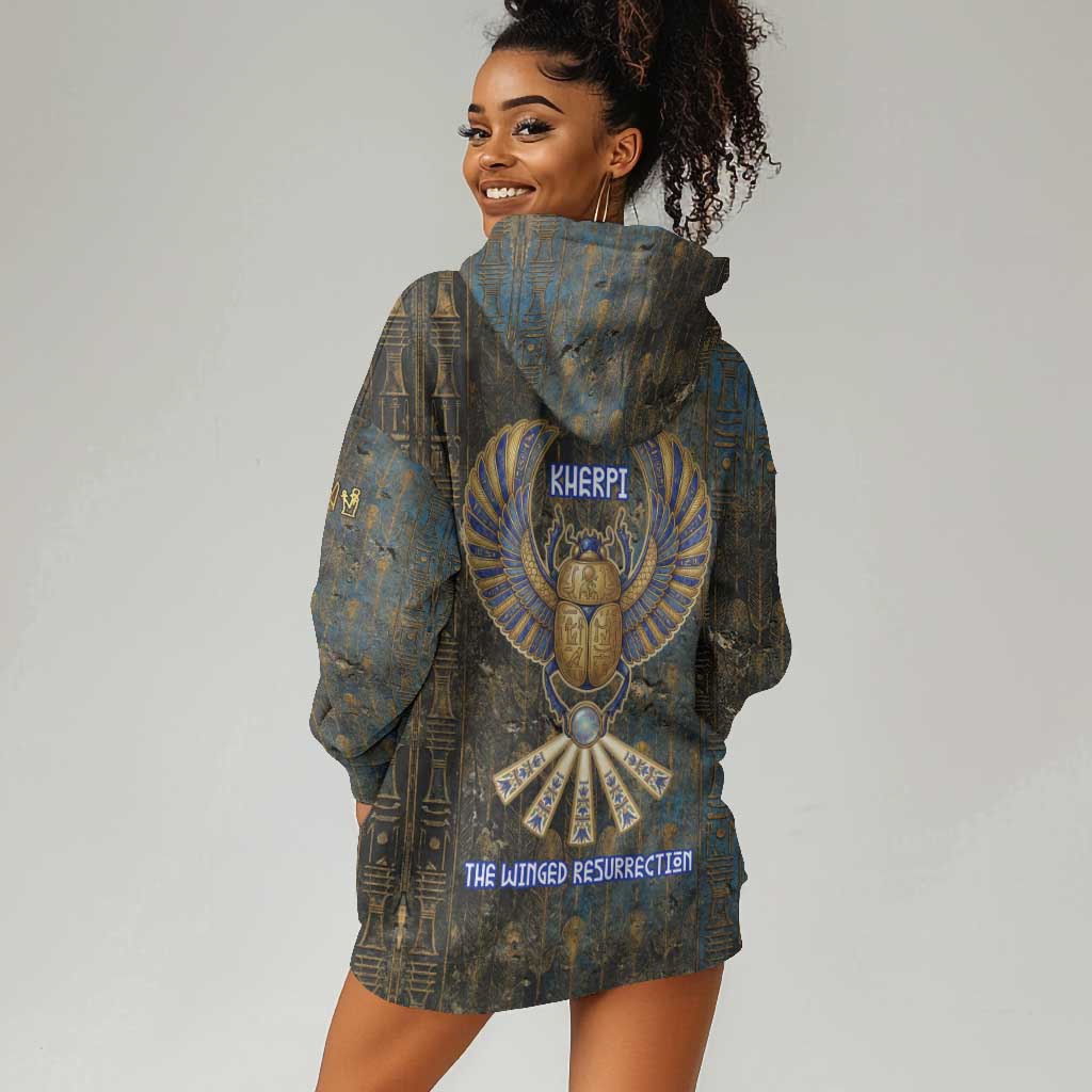 Khepri Ancient Egyptian Hoodie Dress Dark Hieroglyphic, Blue Lotus Eye Symbol, and Winged Scarab Resurrection - African Pride