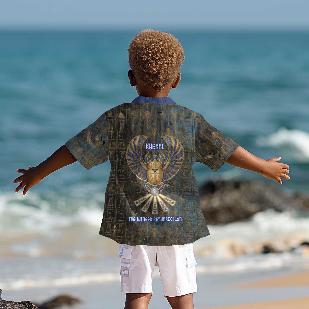 Khepri Ancient Egyptian Kid Hawaiian Shirt Dark Hieroglyphic, Blue Lotus Eye Symbol, and Winged Scarab Resurrection - African Pride