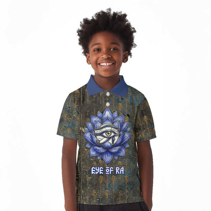 Khepri Ancient Egyptian Kid Polo Shirt Dark Hieroglyphic, Blue Lotus Eye Symbol, and Winged Scarab Resurrection - African Pride