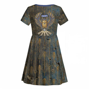 Khepri Ancient Egyptian Kid Short Sleeve Dress Dark Hieroglyphic, Blue Lotus Eye Symbol, and Winged Scarab Resurrection - African Pride