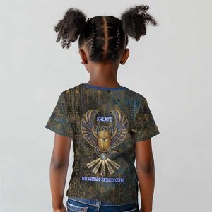 Khepri Ancient Egyptian Kid T shirt Dark Hieroglyphic, Blue Lotus Eye Symbol, and Winged Scarab Resurrection - African Pride