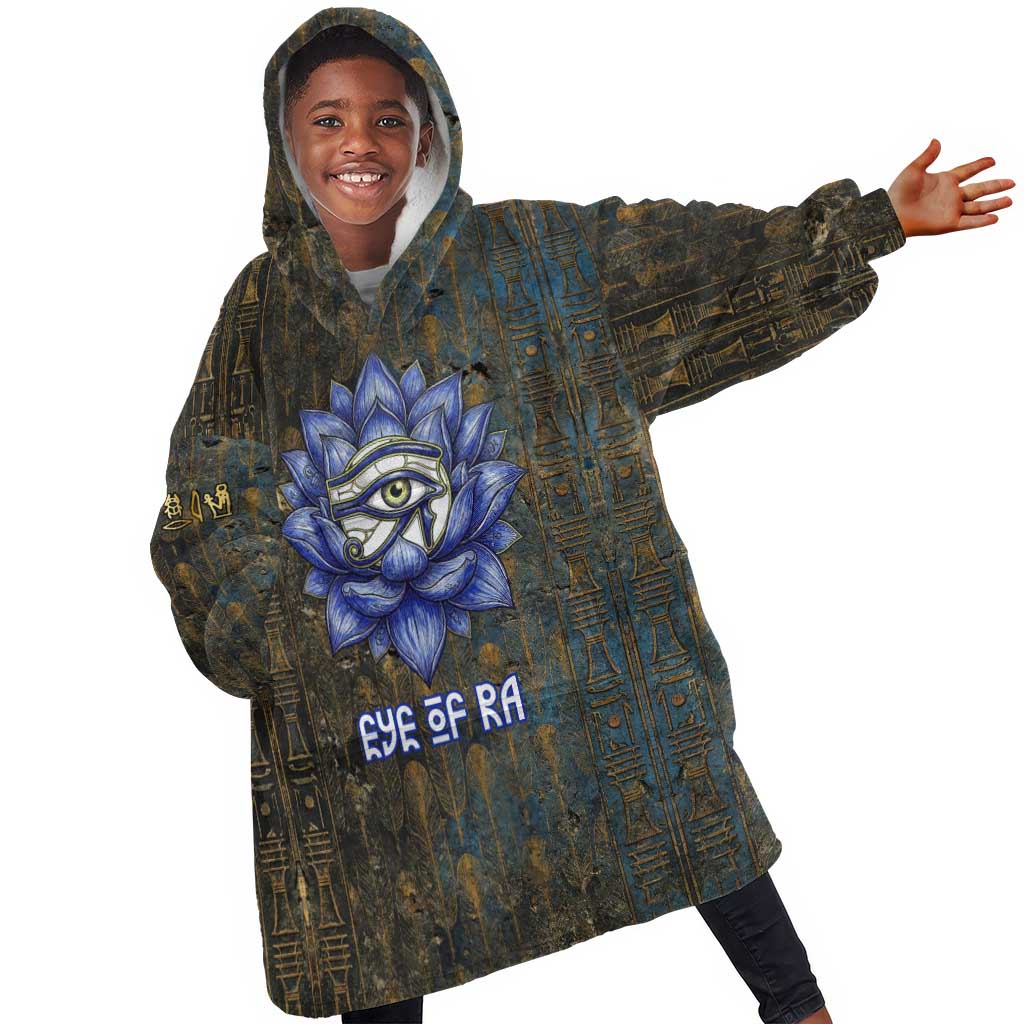 Khepri Ancient Egyptian Kid Wearable Blanket Hoodie Dark Hieroglyphic, Blue Lotus Eye Symbol, and Winged Scarab Resurrection - African Pride