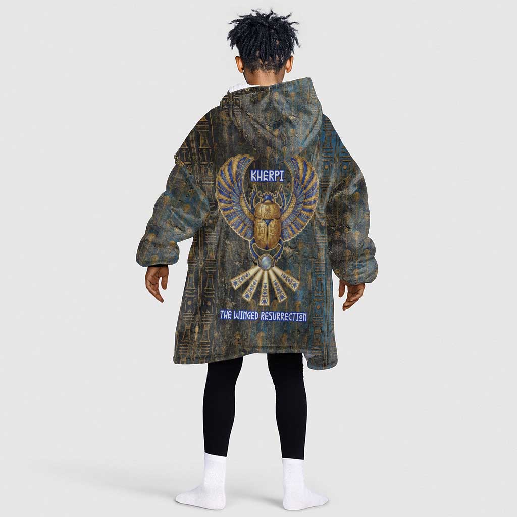 Khepri Ancient Egyptian Kid Wearable Blanket Hoodie Dark Hieroglyphic, Blue Lotus Eye Symbol, and Winged Scarab Resurrection - African Pride