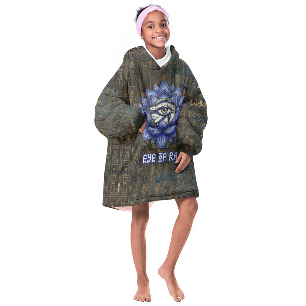 Khepri Ancient Egyptian Kid Wearable Blanket Hoodie Dark Hieroglyphic, Blue Lotus Eye Symbol, and Winged Scarab Resurrection - African Pride