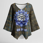 Khepri Ancient Egyptian Kimono Sleeve Blouse Dark Hieroglyphic, Blue Lotus Eye Symbol, and Winged Scarab Resurrection - African Pride
