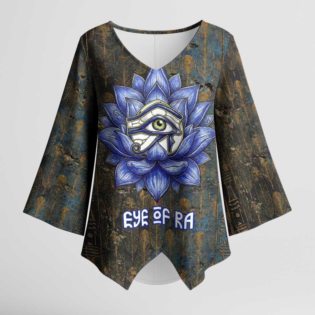 Khepri Ancient Egyptian Kimono Sleeve Blouse Dark Hieroglyphic, Blue Lotus Eye Symbol, and Winged Scarab Resurrection - African Pride