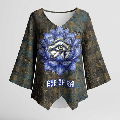 Khepri Ancient Egyptian Kimono Sleeve Blouse Dark Hieroglyphic, Blue Lotus Eye Symbol, and Winged Scarab Resurrection - African Pride