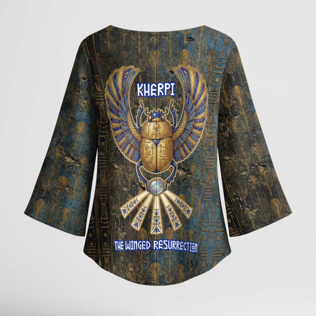 Khepri Ancient Egyptian Kimono Sleeve Blouse Dark Hieroglyphic, Blue Lotus Eye Symbol, and Winged Scarab Resurrection - African Pride