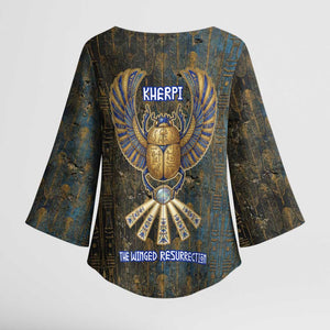 Khepri Ancient Egyptian Kimono Sleeve Blouse Dark Hieroglyphic, Blue Lotus Eye Symbol, and Winged Scarab Resurrection - African Pride