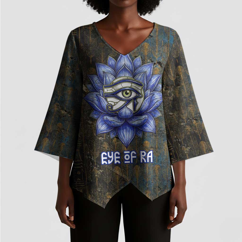 Khepri Ancient Egyptian Kimono Sleeve Blouse Dark Hieroglyphic, Blue Lotus Eye Symbol, and Winged Scarab Resurrection - African Pride