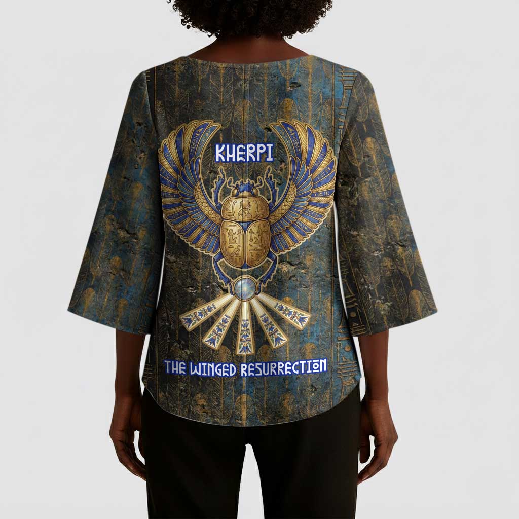 Khepri Ancient Egyptian Kimono Sleeve Blouse Dark Hieroglyphic, Blue Lotus Eye Symbol, and Winged Scarab Resurrection - African Pride