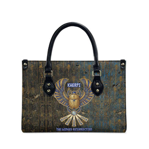 Khepri Ancient Egyptian Leather Bag Dark Hieroglyphic, Blue Lotus Eye Symbol, and Winged Scarab Resurrection - African Pride
