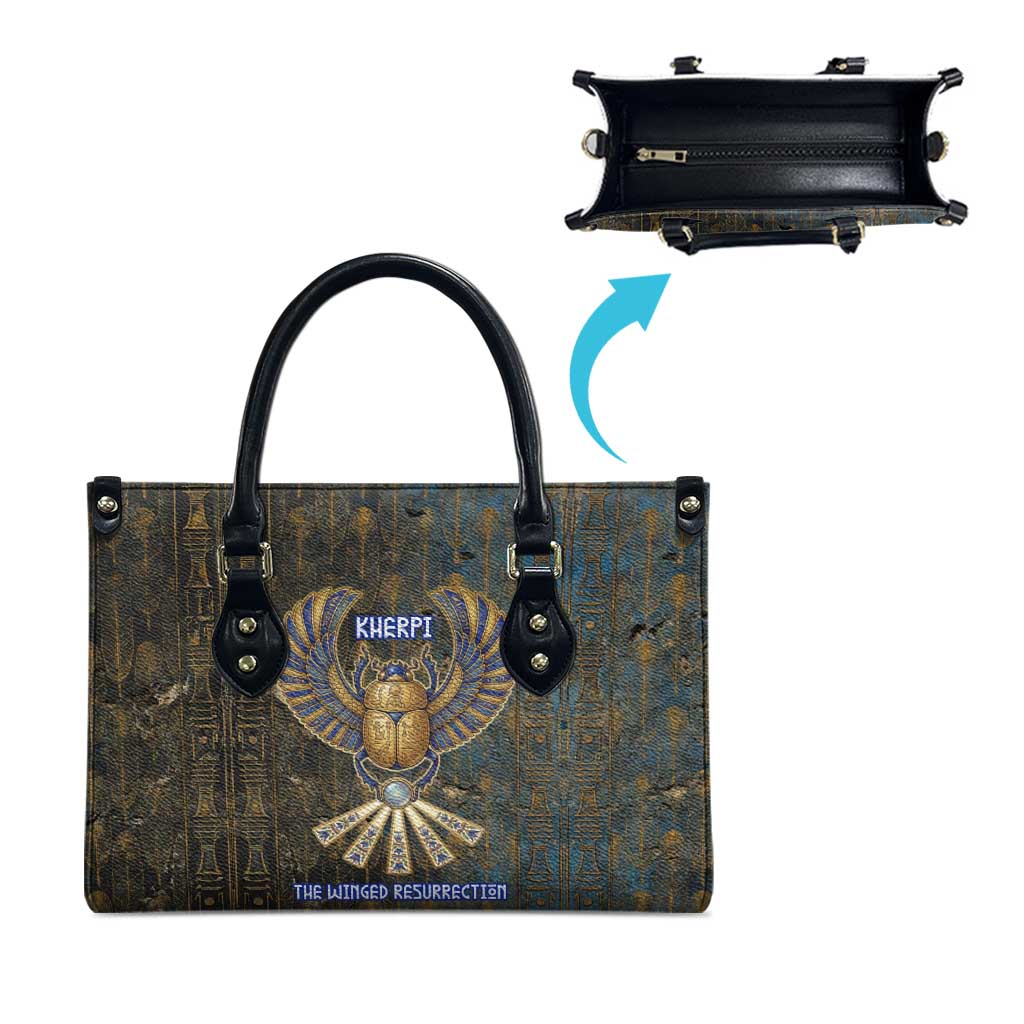 Khepri Ancient Egyptian Leather Bag Dark Hieroglyphic, Blue Lotus Eye Symbol, and Winged Scarab Resurrection - African Pride