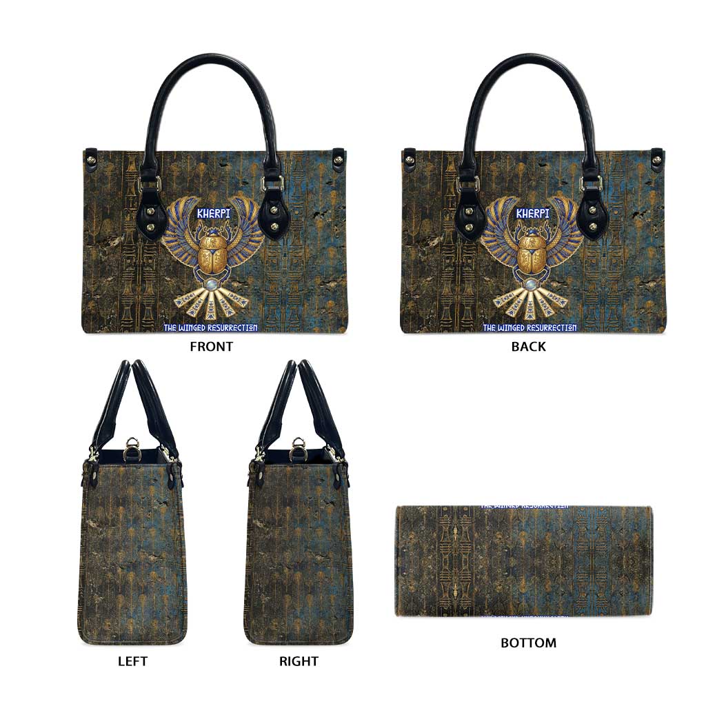 Khepri Ancient Egyptian Leather Bag Dark Hieroglyphic, Blue Lotus Eye Symbol, and Winged Scarab Resurrection - African Pride