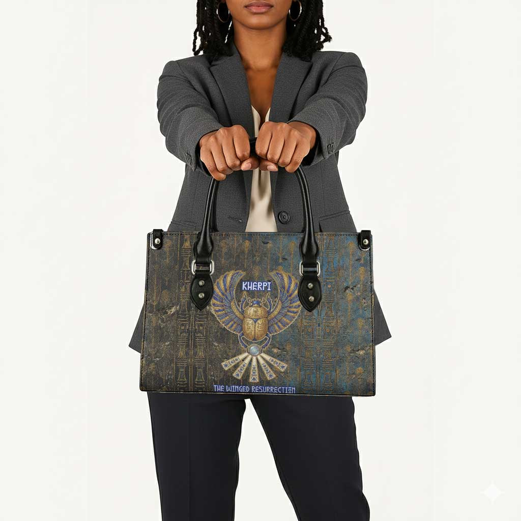 Khepri Ancient Egyptian Leather Bag Dark Hieroglyphic, Blue Lotus Eye Symbol, and Winged Scarab Resurrection - African Pride