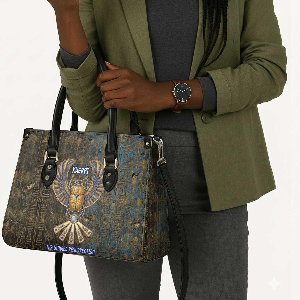 Khepri Ancient Egyptian Leather Bag Dark Hieroglyphic, Blue Lotus Eye Symbol, and Winged Scarab Resurrection - African Pride