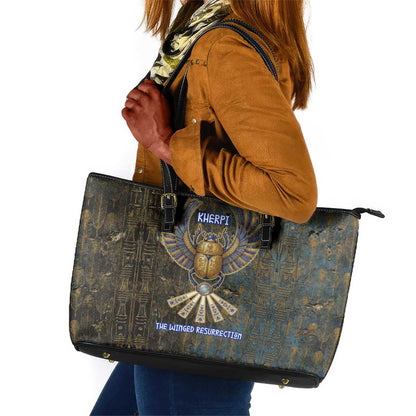 Khepri Ancient Egyptian Leather Tote Bag Dark Hieroglyphic, Blue Lotus Eye Symbol, and Winged Scarab Resurrection - African Pride