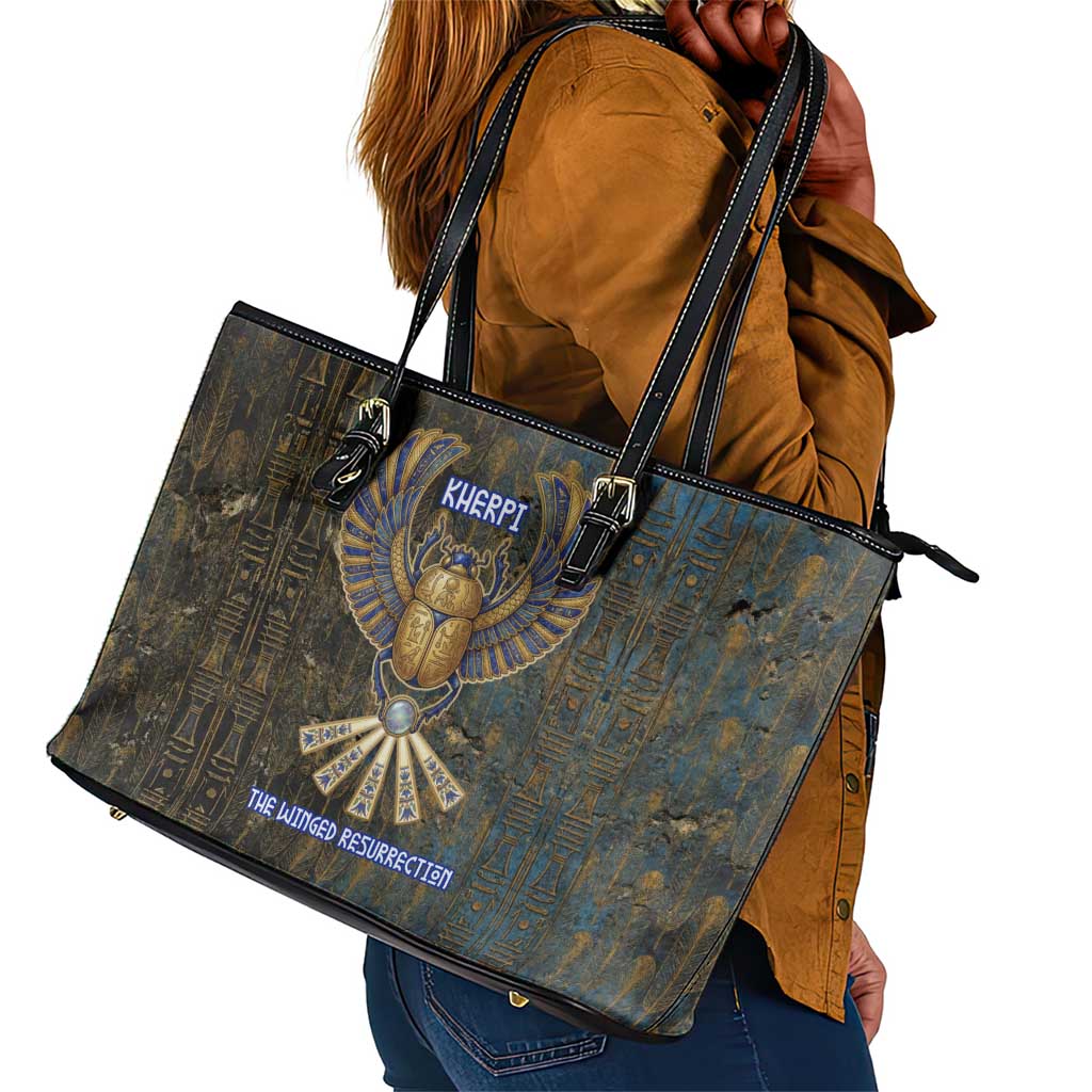 Khepri Ancient Egyptian Leather Tote Bag Dark Hieroglyphic, Blue Lotus Eye Symbol, and Winged Scarab Resurrection - African Pride