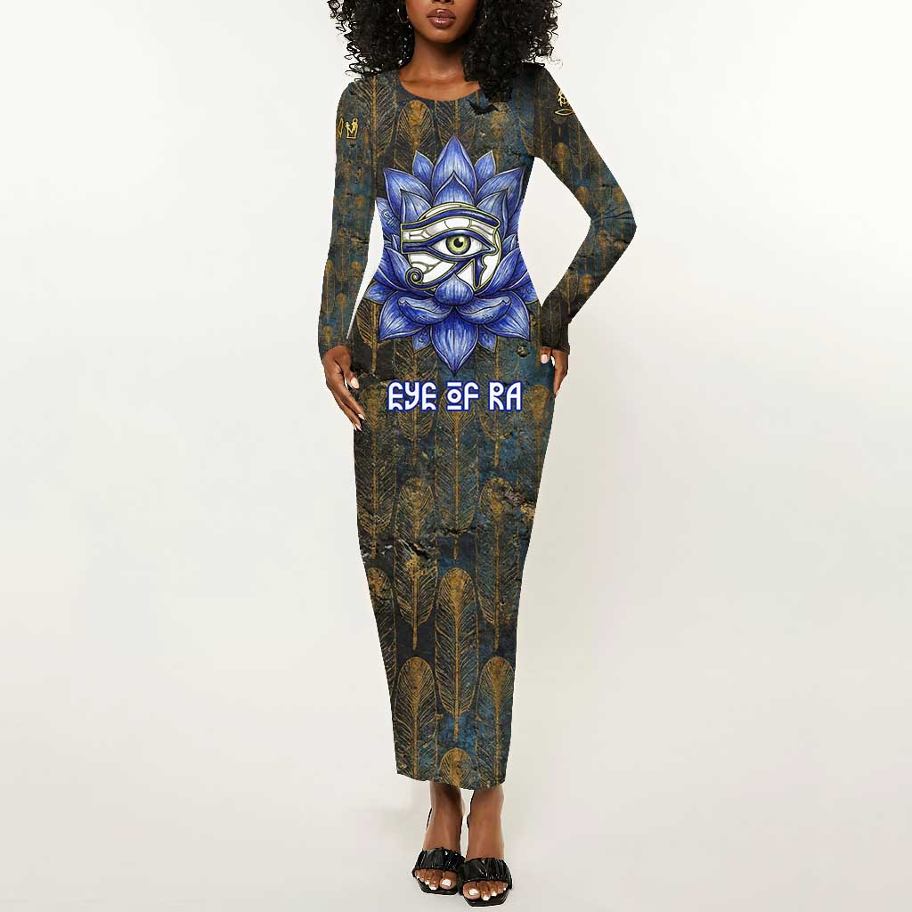 Khepri Ancient Egyptian Long Sleeve Bodycon Dress Dark Hieroglyphic, Blue Lotus Eye Symbol, and Winged Scarab Resurrection - African Pride