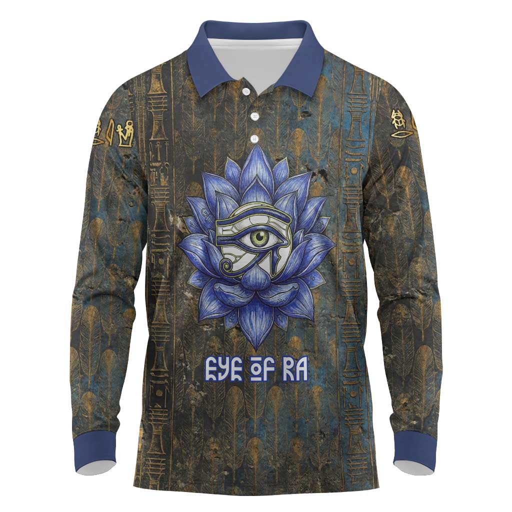 Khepri Ancient Egyptian Long Sleeve Polo Shirt Dark Hieroglyphic, Blue Lotus Eye Symbol, and Winged Scarab Resurrection - African Pride